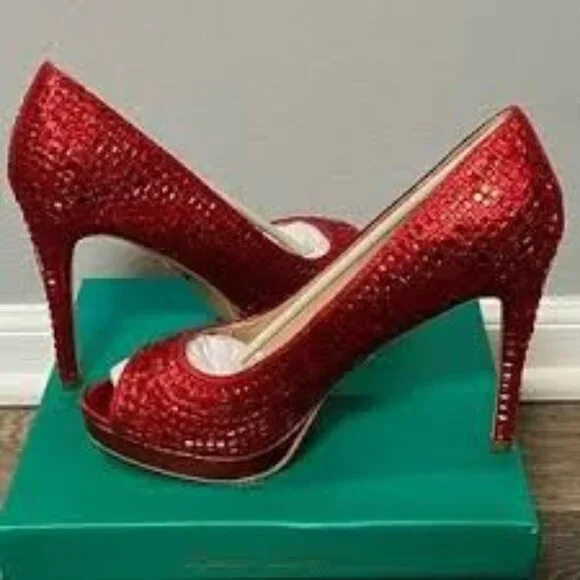 NIB- LAUREN LORRAINE CANDIE-12 RED JEWELED PEEP-TOE PUMPS - Picture 1 of 4